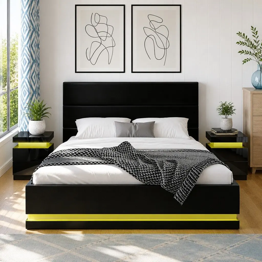 Queen Bed Frame with 2 LED Bedside Tables
