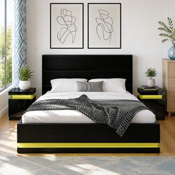 Cozy Queen Bed Frame with 2 LED Bedside Tables