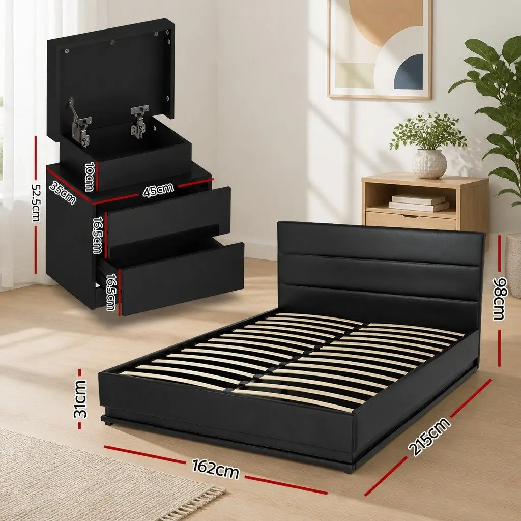 Queen Bed Frame with 2 LED Bedside Tables