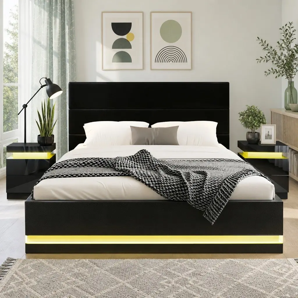 Queen Bed Frame with 2 LED Bedside Tables