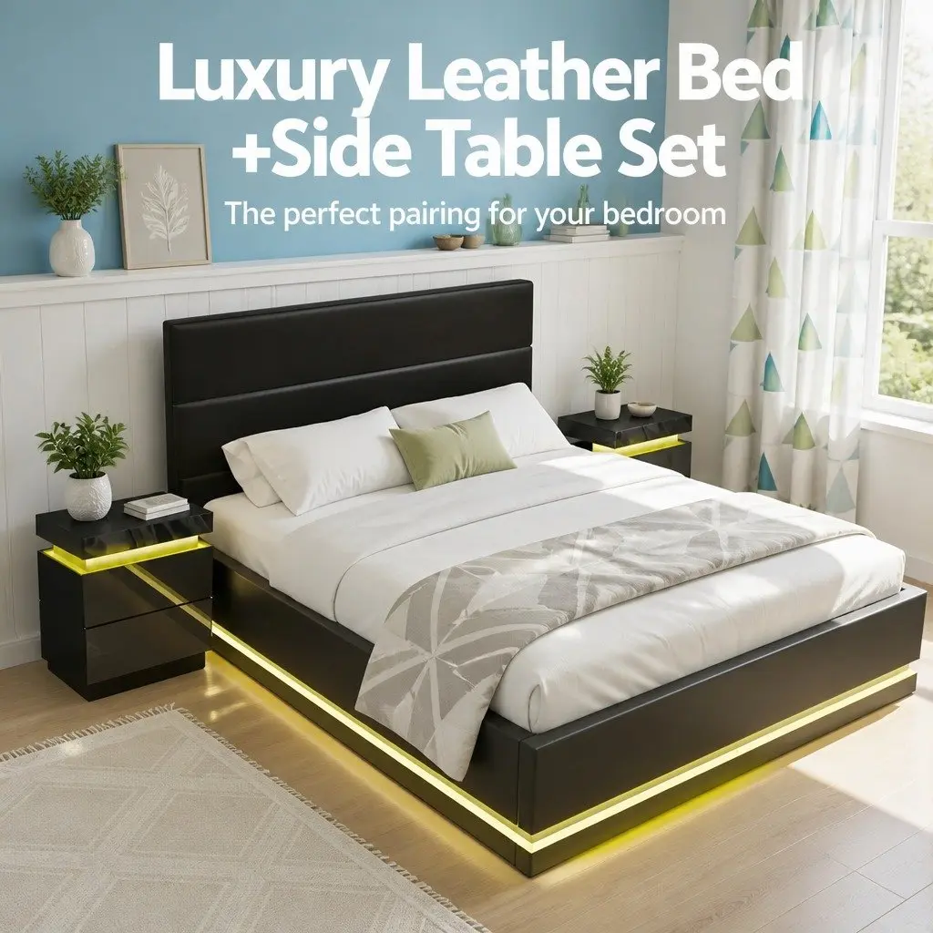 Queen Bed Frame with 2 LED Bedside Tables