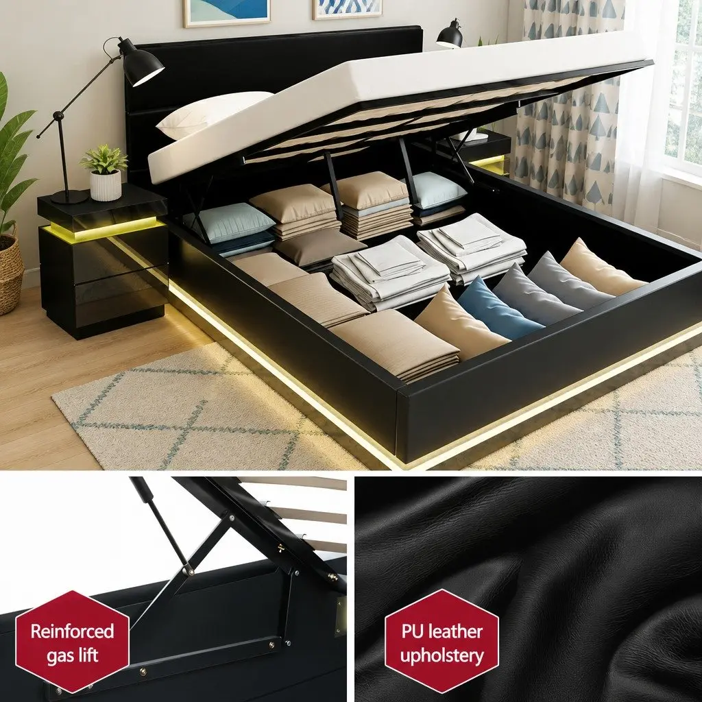 Queen Bed Frame with 2 LED Bedside Tables