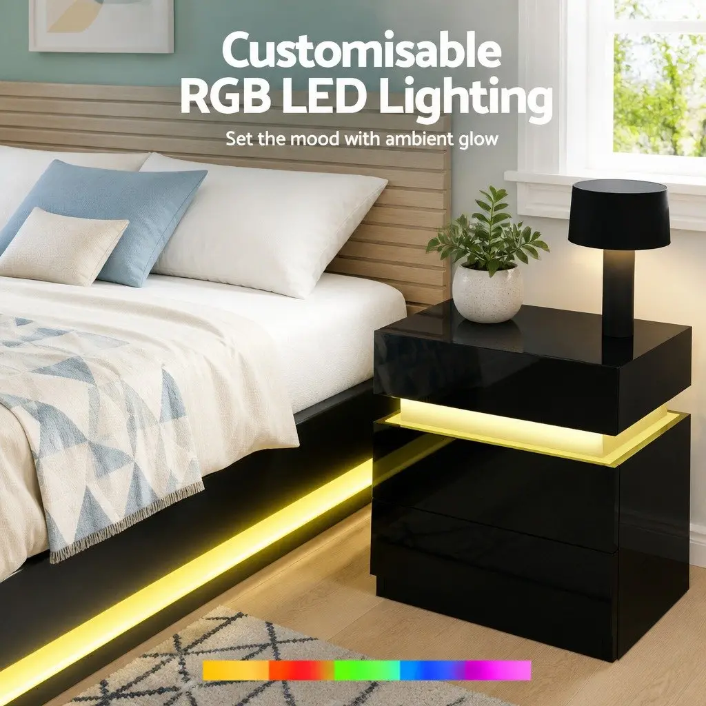 Queen Bed Frame with 2 LED Bedside Tables
