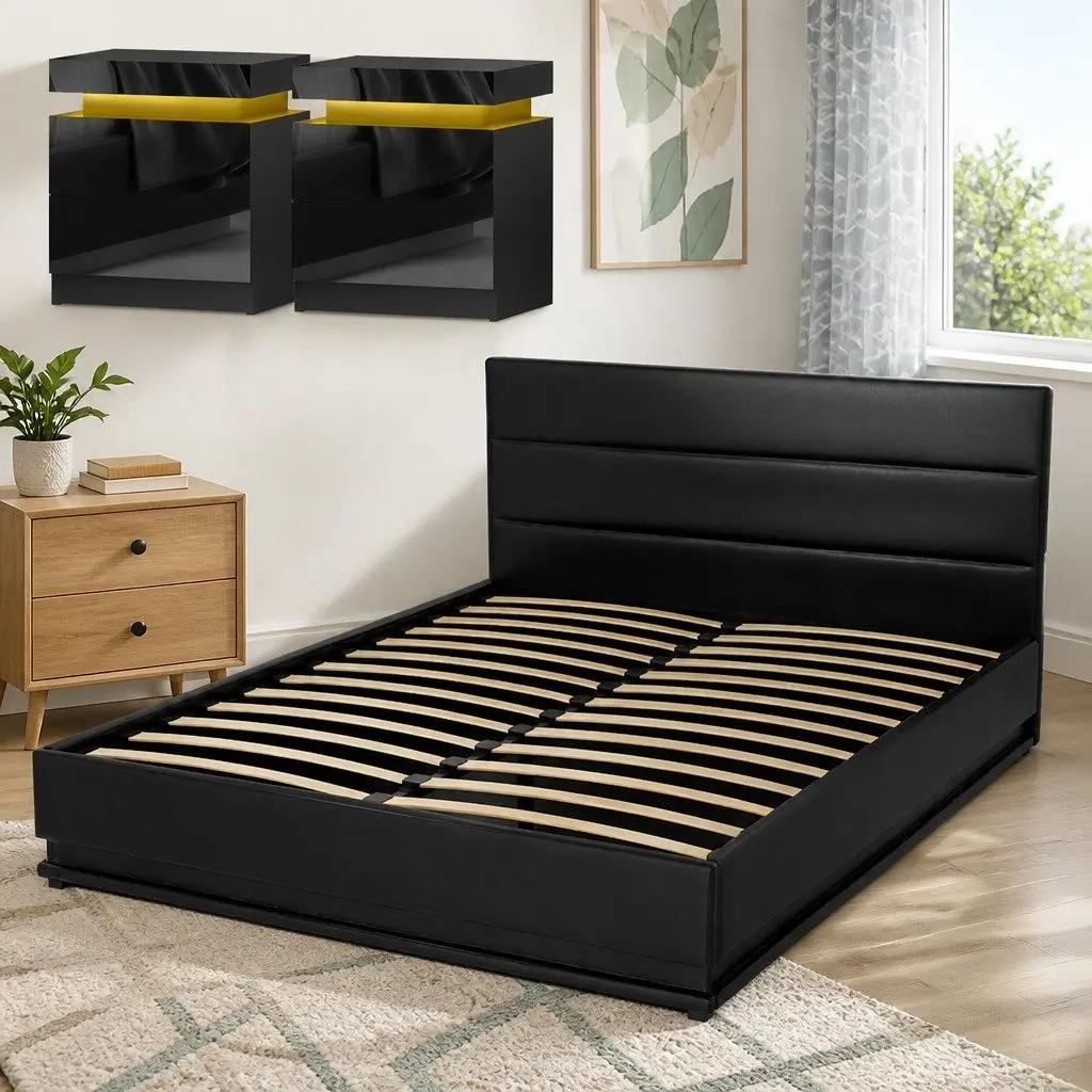 Queen Bed Frame with 2 LED Bedside Tables