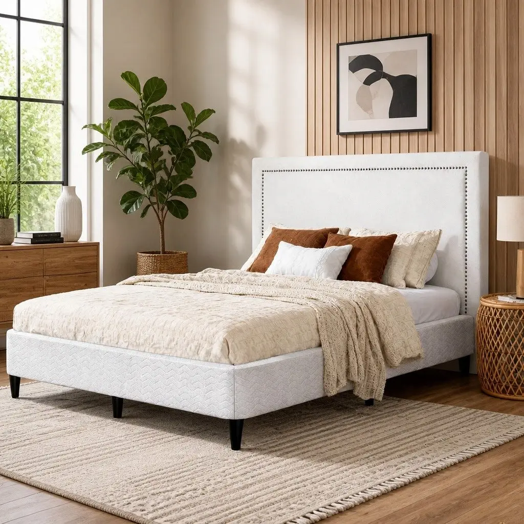 Queen Bed Frame with Fabric Headboard