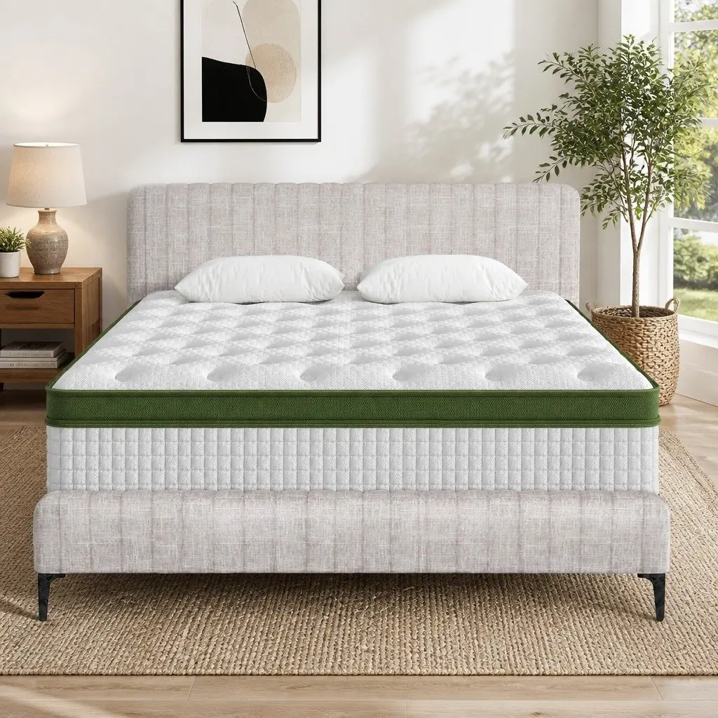 Queen Bed Frame Upholstered Platform Base with Pocket Coil Mattress Medium Firm Linen
