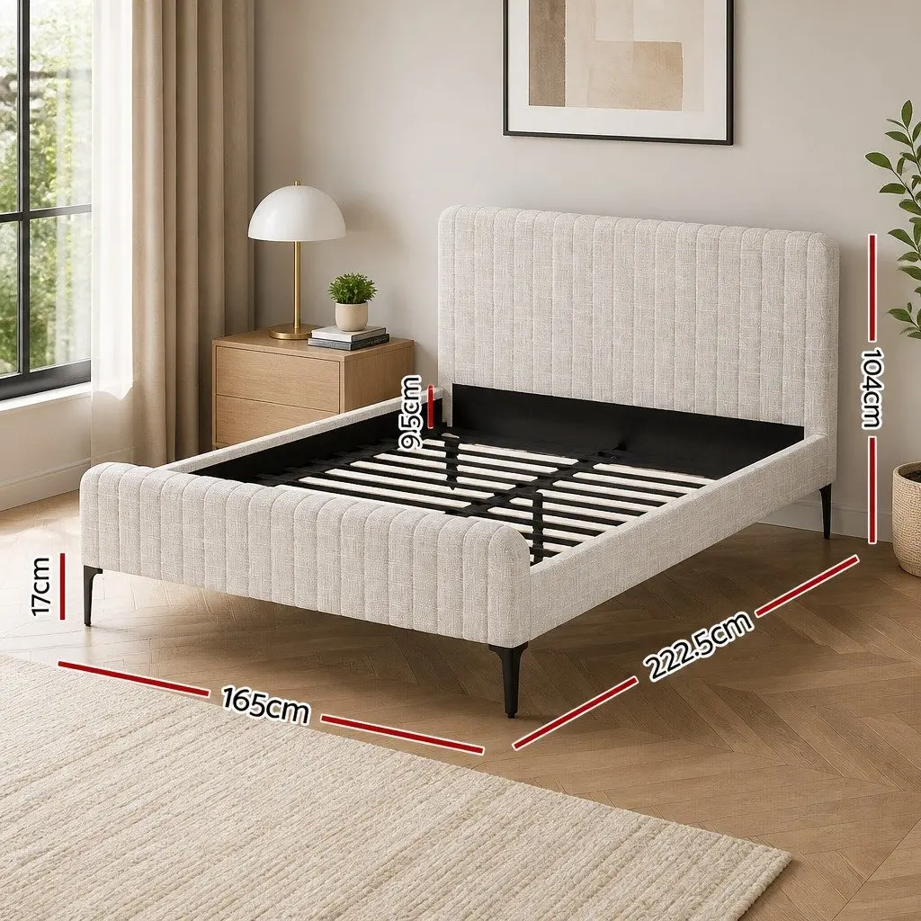 Queen Bed Frame Upholstered Platform Base with Pocket Coil Mattress Medium Firm Linen
