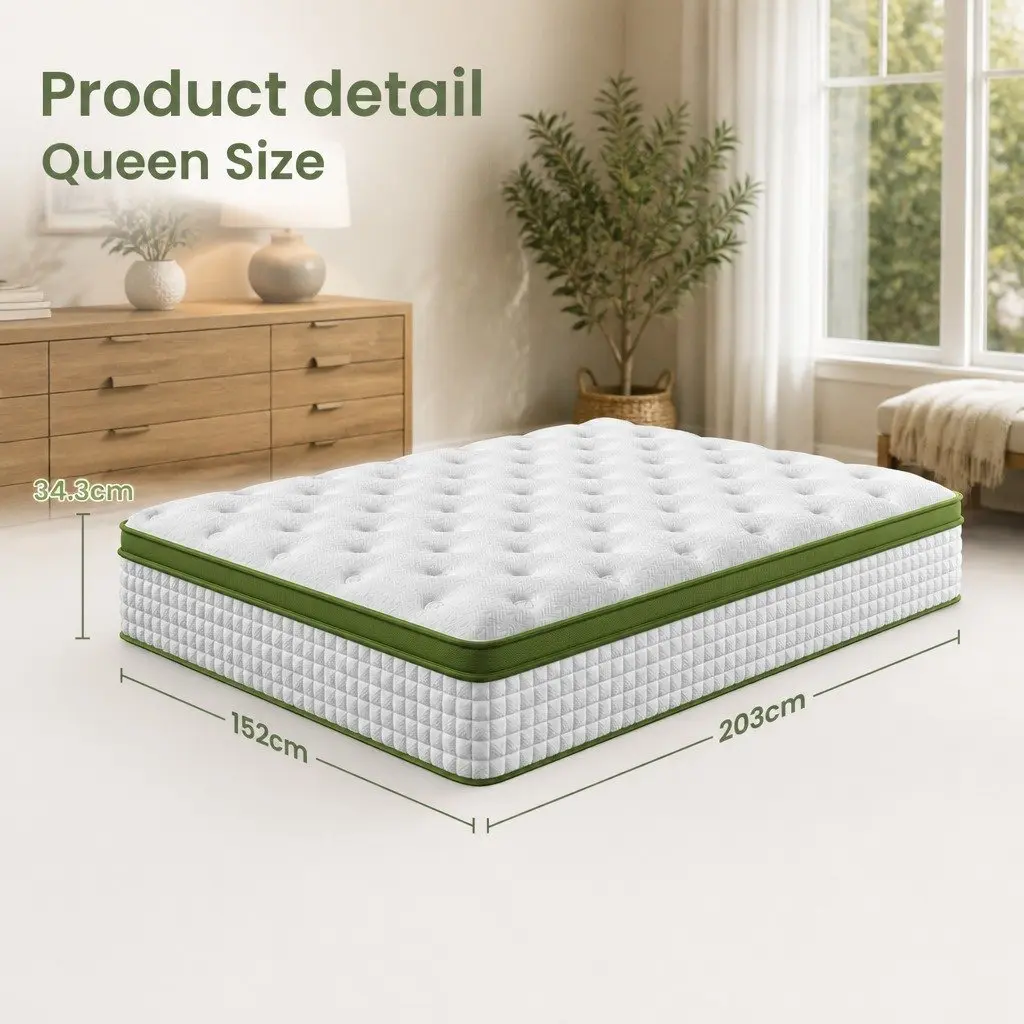 Queen Bed Frame Upholstered Platform Base with Pocket Coil Mattress Medium Firm Linen