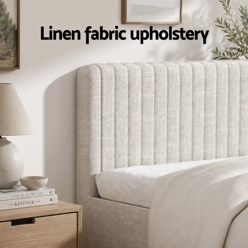 Queen Bed Frame Upholstered Platform Base with Pocket Coil Mattress Medium Firm Linen