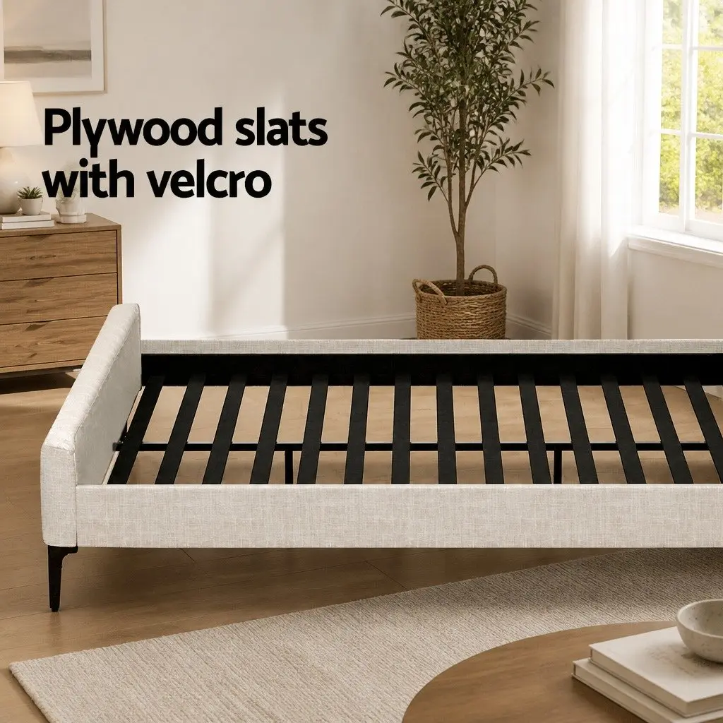 Queen Bed Frame Upholstered Platform Base with Pocket Coil Mattress Medium Firm Linen