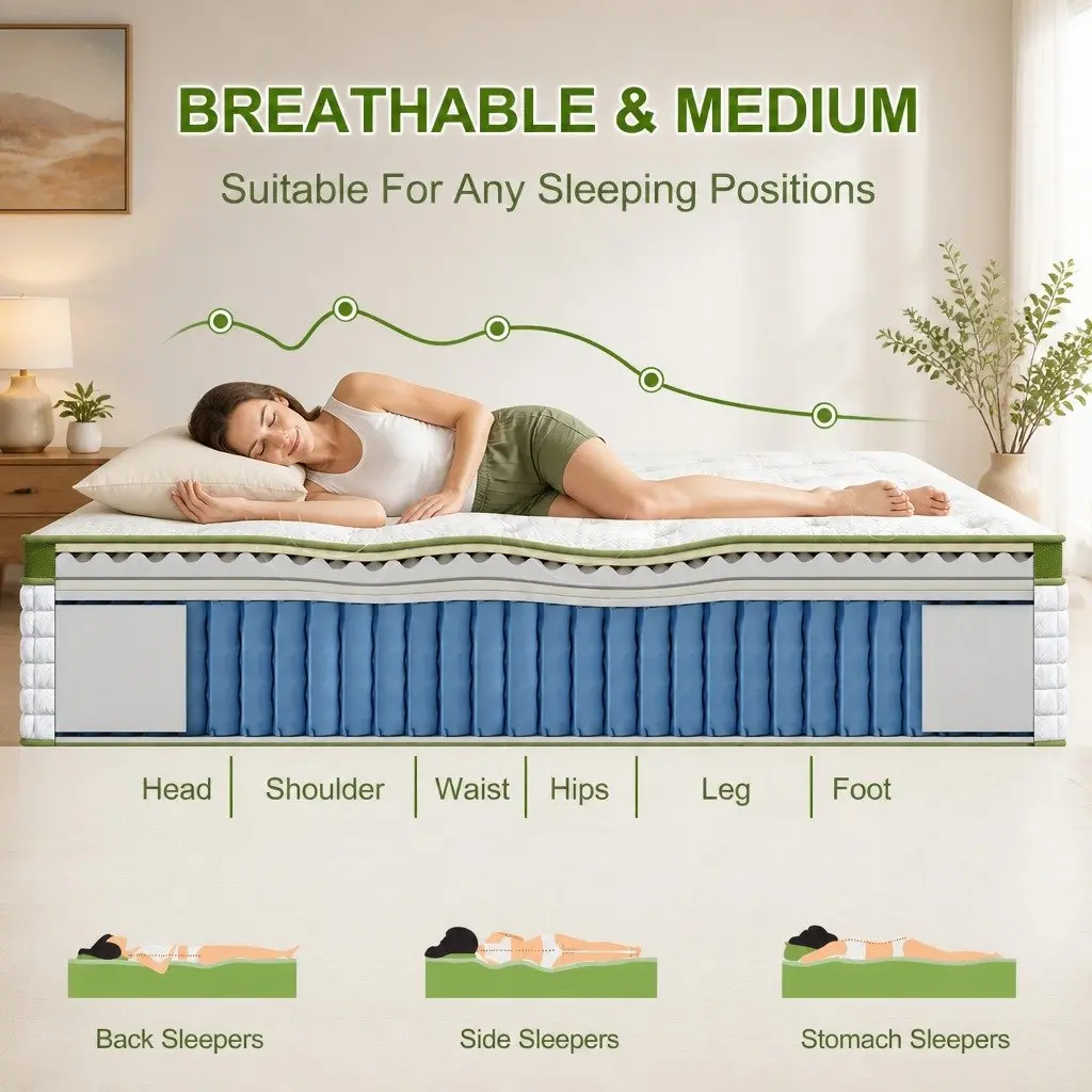 Queen Bed Frame Upholstered Platform Base with Pocket Coil Mattress Medium Firm Linen