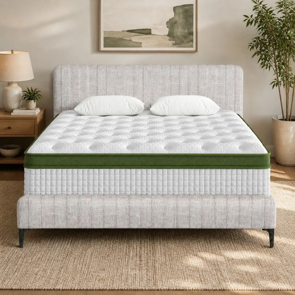 Queen Bed Frame Upholstered Platform Base with Pocket Coil Mattress Medium Firm Linen