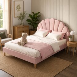 Double Bed Frame with Round Coffee Table Set Pink Velvet White Top