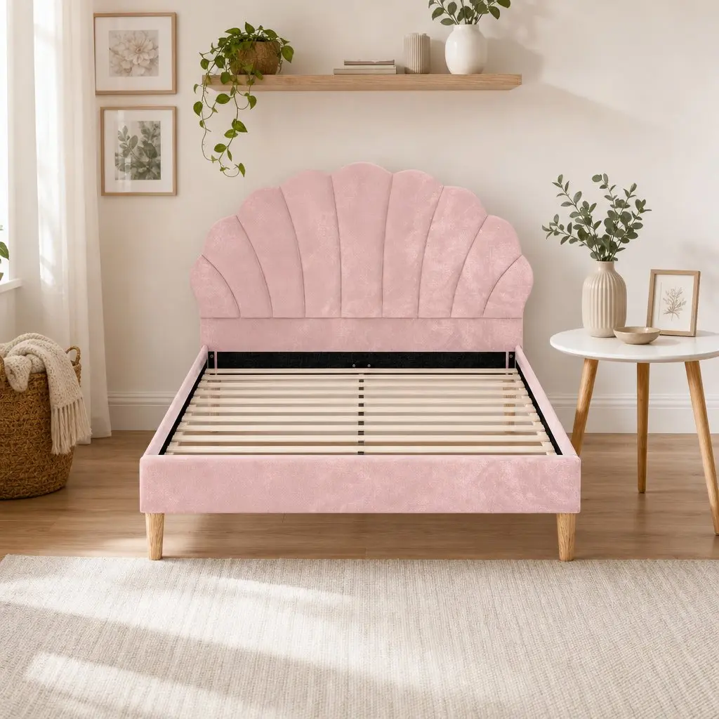 Double Bed Frame with Round Coffee Table Set Pink Velvet White Top