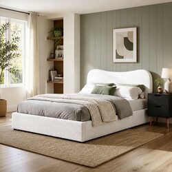 Double Bed Frame with Bedside Table Set Padded Headboard Wooden Slats Bedroom