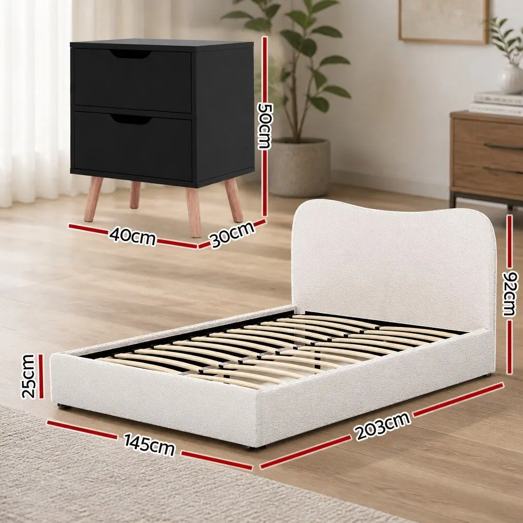 Double Bed Frame Padded Headboard Beige Wooden Slats with Bedside Table Black Two Drawer Set