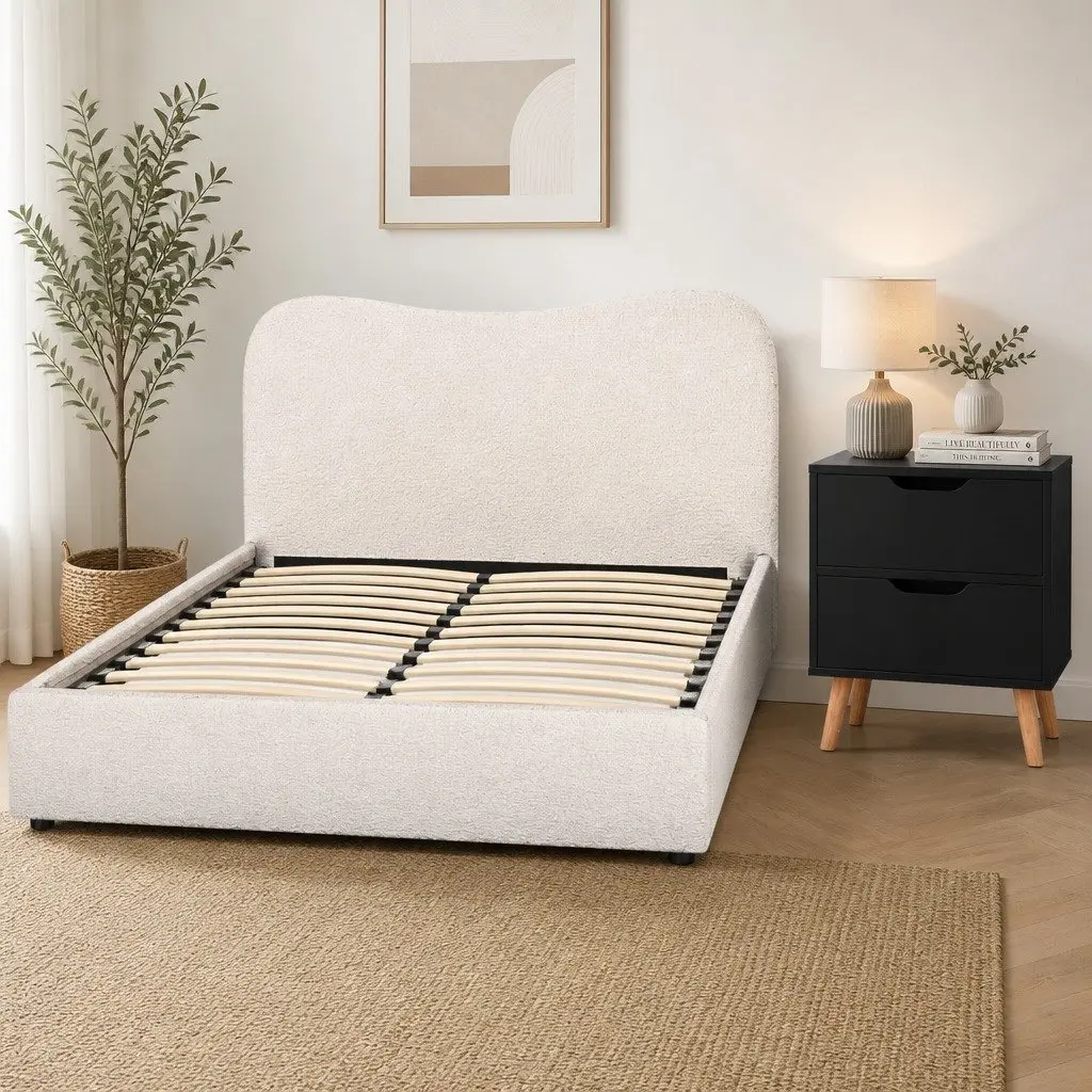 Double Bed Frame Padded Headboard Beige Wooden Slats with Bedside Table Black Two Drawer Set