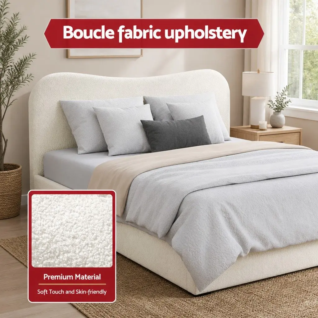 Double Bed Frame Padded Headboard Beige Wooden Slats with Bedside Table Black Two Drawer Set