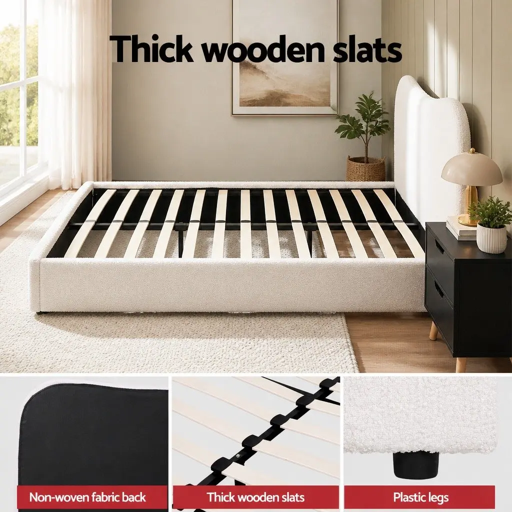 Double Bed Frame Padded Headboard Beige Wooden Slats with Bedside Table Black Two Drawer Set