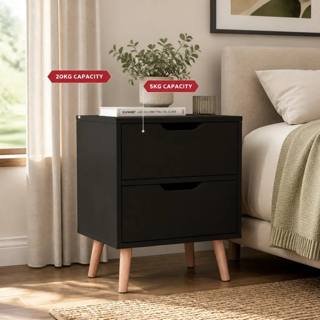 Double Bed Frame Padded Headboard Beige Wooden Slats with Bedside Table Black Two Drawer Set