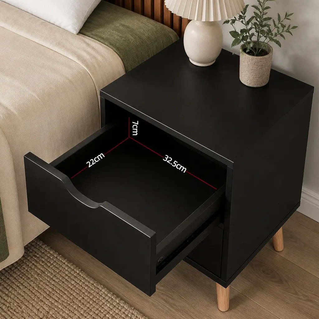 Double Bed Frame Padded Headboard Beige Wooden Slats with Bedside Table Black Two Drawer Set
