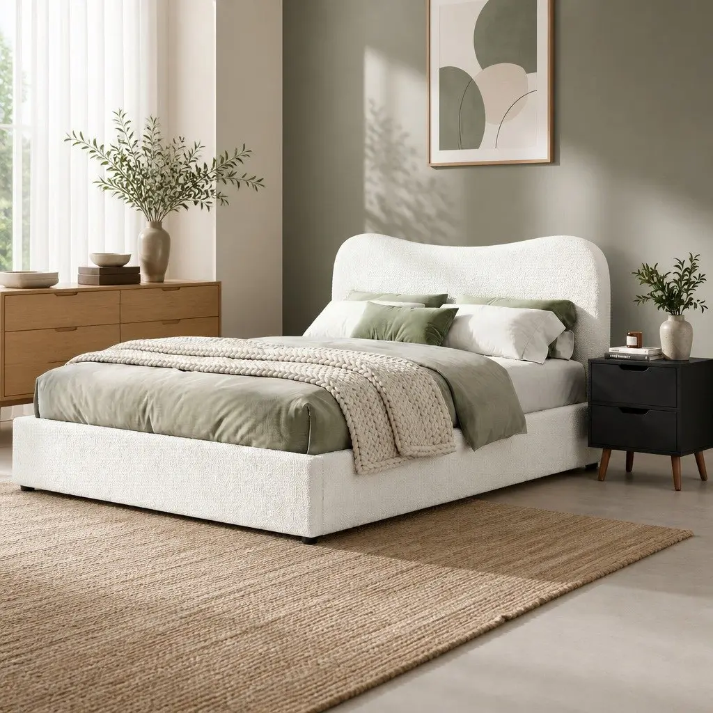 Double Bed Frame Padded Headboard Beige Wooden Slats with Bedside Table Black Two Drawer Set