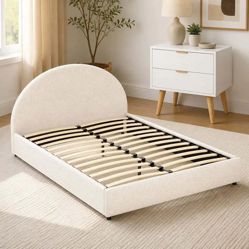 Boucle Upholstered Queen Bed Frame with Storage & Table