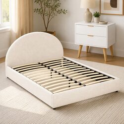 Boucle Upholstered Queen Bed Frame with Storage & Table