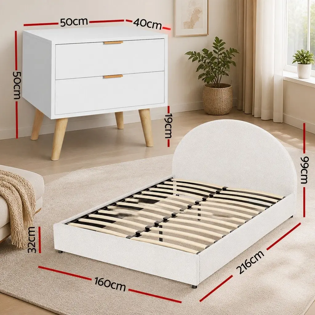 Boucle Upholstered Queen Bed Frame with Storage & Table