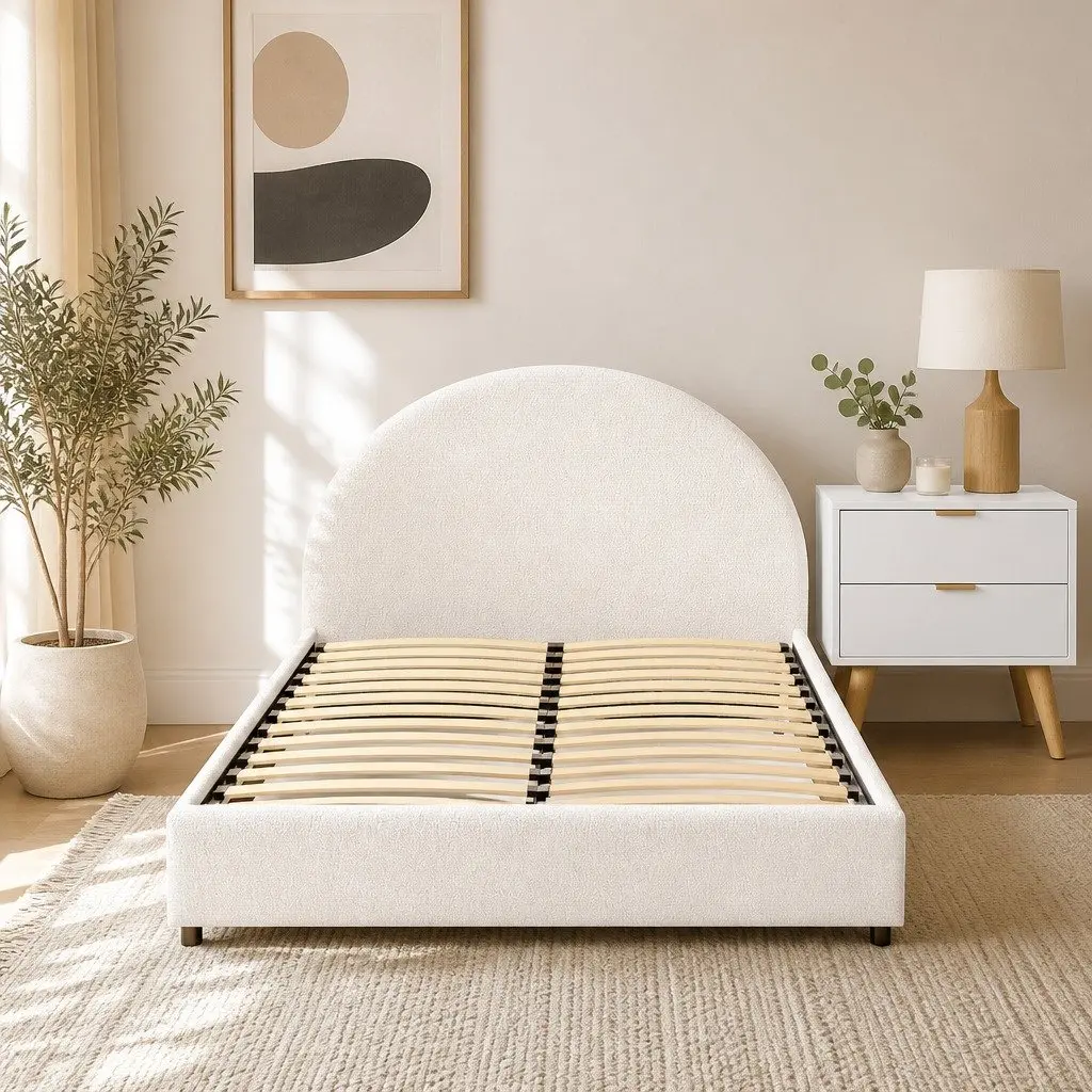 Boucle Upholstered Queen Bed Frame with Storage & Table