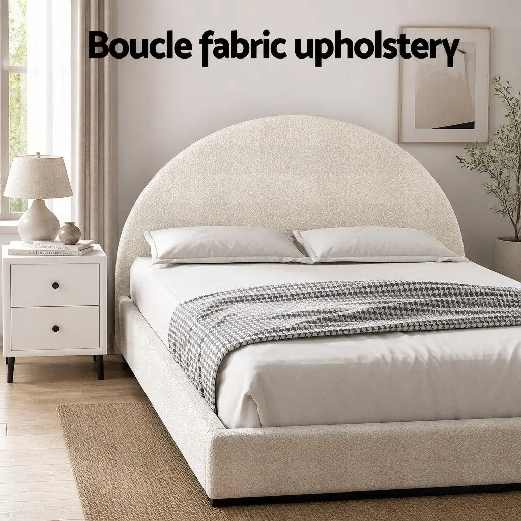 Boucle Upholstered Queen Bed Frame with Storage & Table