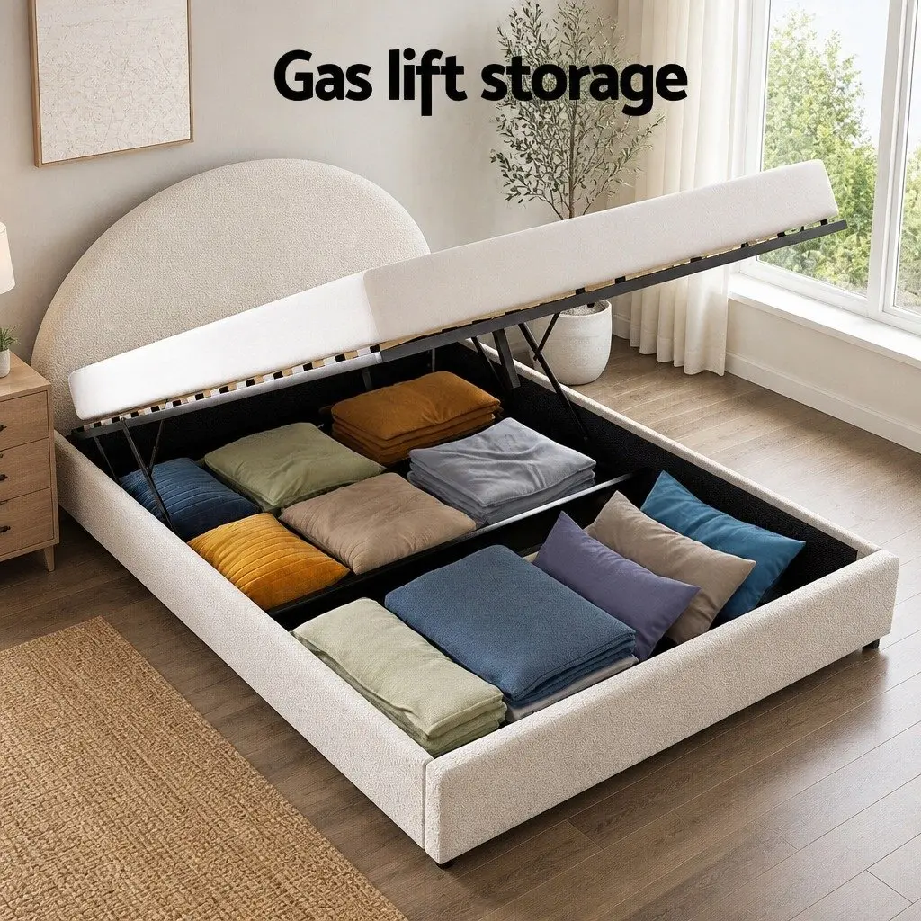 Boucle Upholstered Queen Bed Frame with Storage & Table