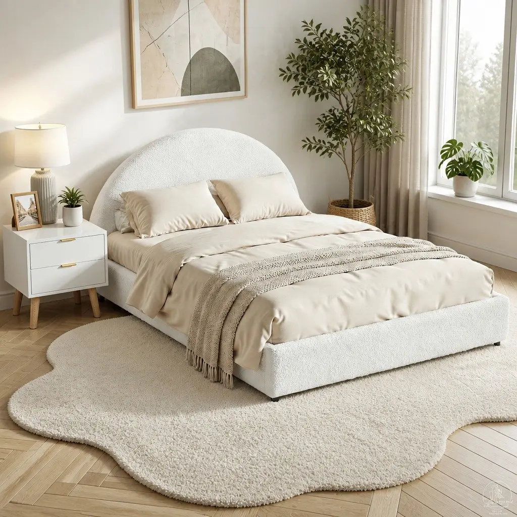 Boucle Upholstered Queen Bed Frame with Storage & Table