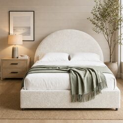 Queen Bed Frame with Gas Lift Storage Boucle Padded 2-Drawer Bedside Table