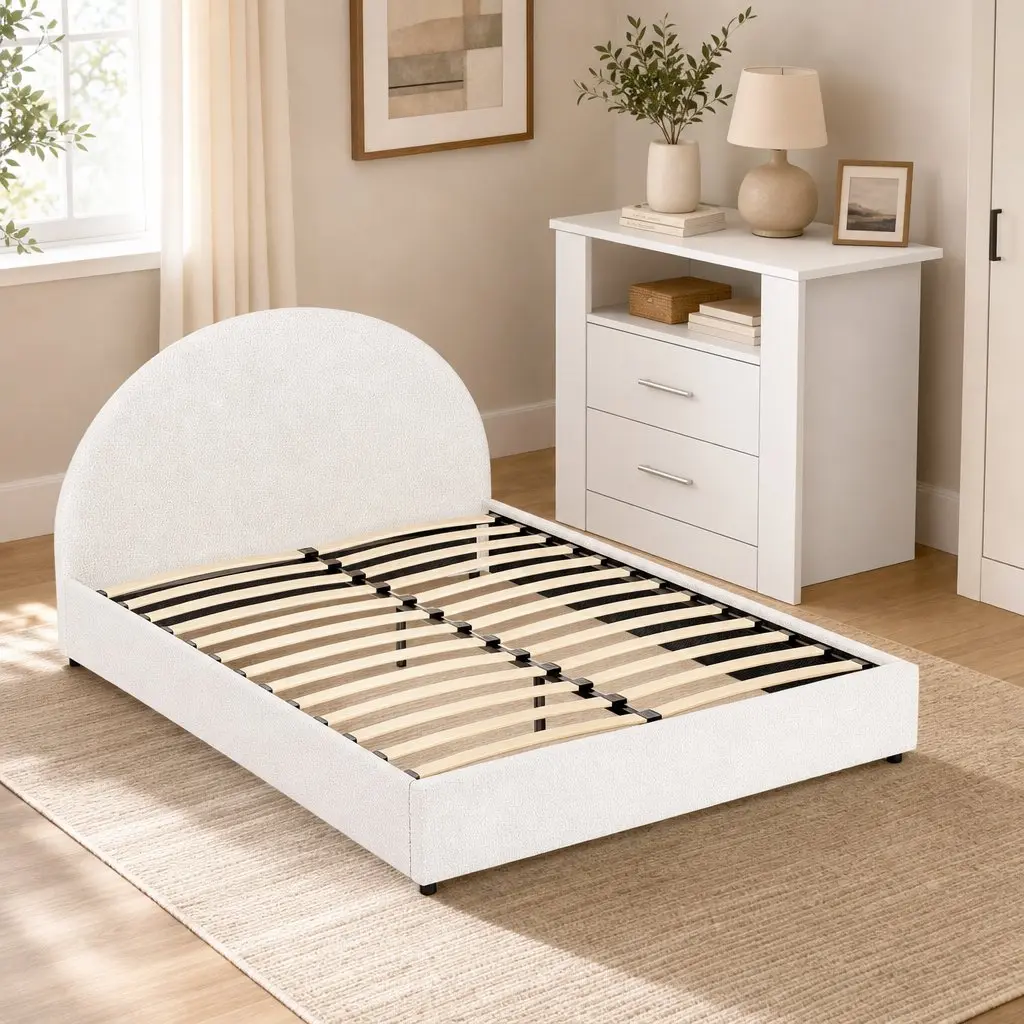 Queen Bed Frame with Gas Lift Storage Boucle Padded 2-Drawer Bedside Table