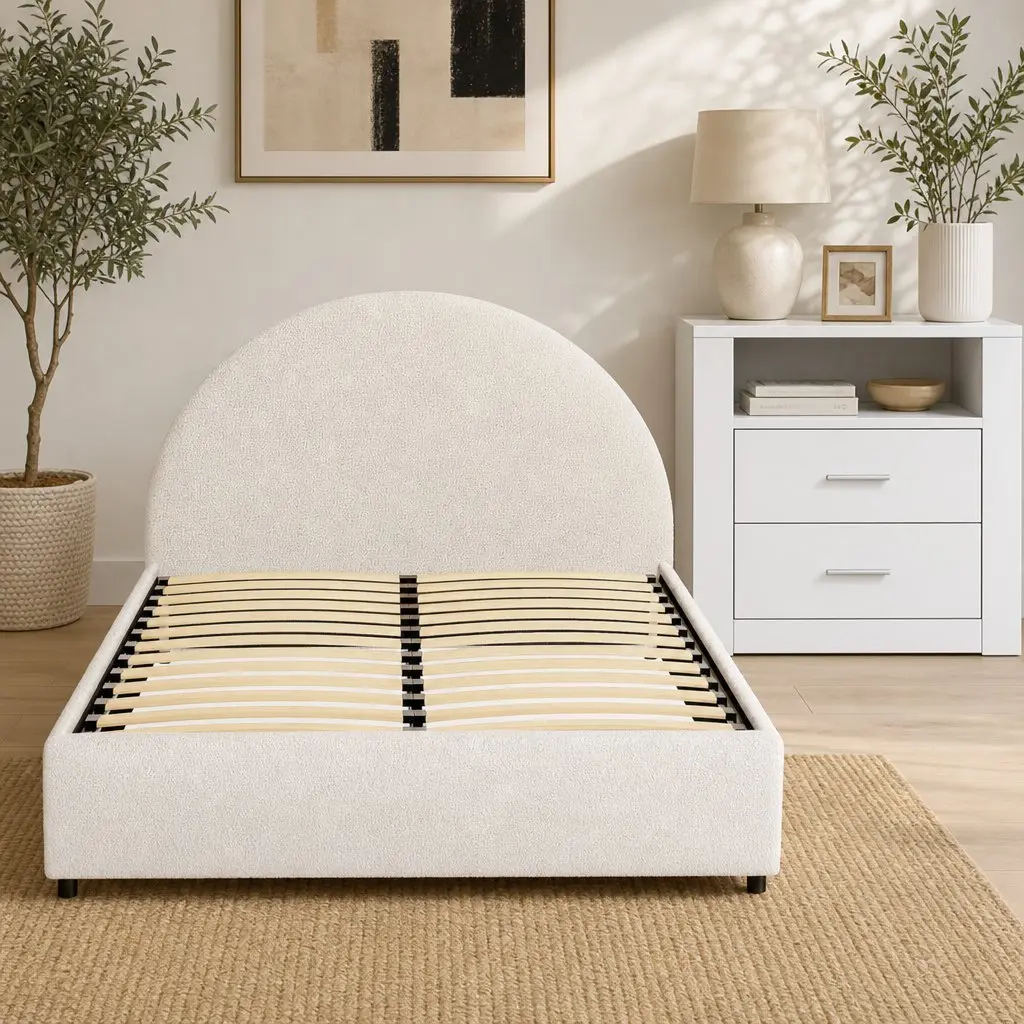Queen Bed Frame with Gas Lift Storage Boucle Padded 2-Drawer Bedside Table