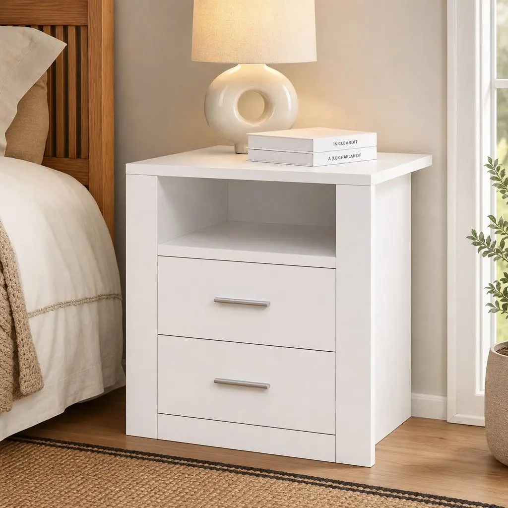 Queen Bed Frame with Gas Lift Storage Boucle Padded 2-Drawer Bedside Table