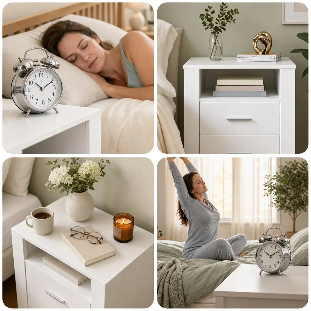 Queen Bed Frame with Gas Lift Storage Boucle Padded 2-Drawer Bedside Table