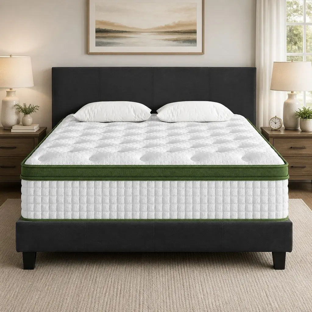 Double Bed Frame Upholstered Charcoal or White Solid Wood with Hybrid Pocket Coil Mattress Medium-Firm Support