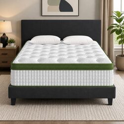 Upholstered Queen Bed Frame with Hybrid Mattress Set