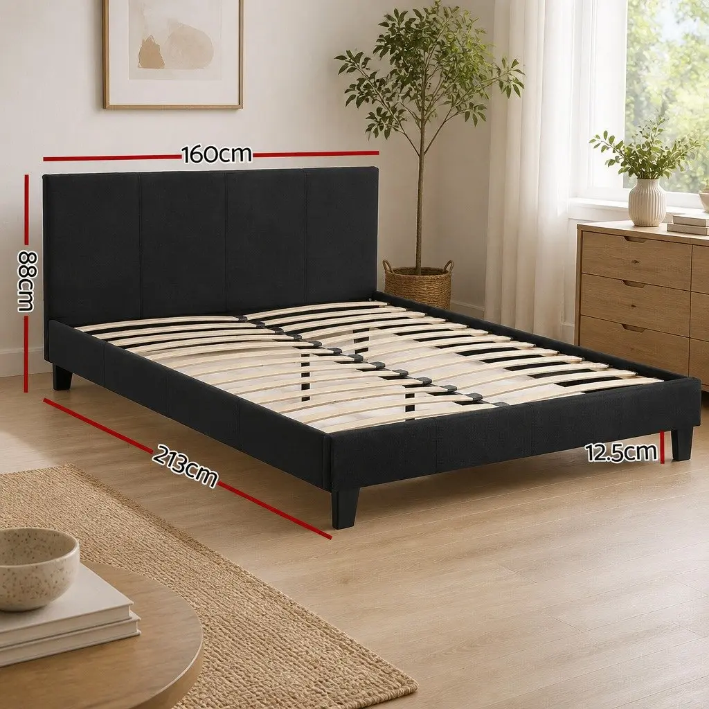 Queen Platform Bed Frame Upholstered Charcoal with Hybrid Mattress Medium Firm Support