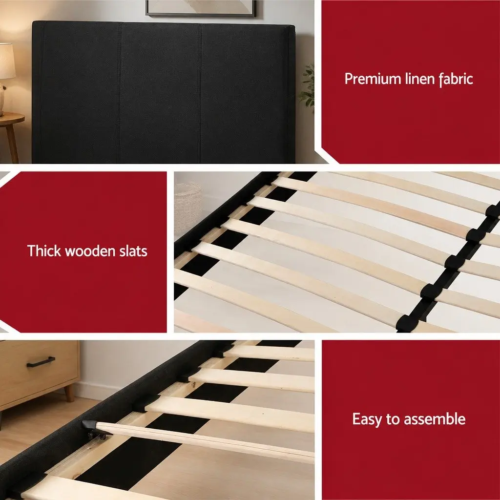 Queen Platform Bed Frame Upholstered Charcoal with Hybrid Mattress Medium Firm Support