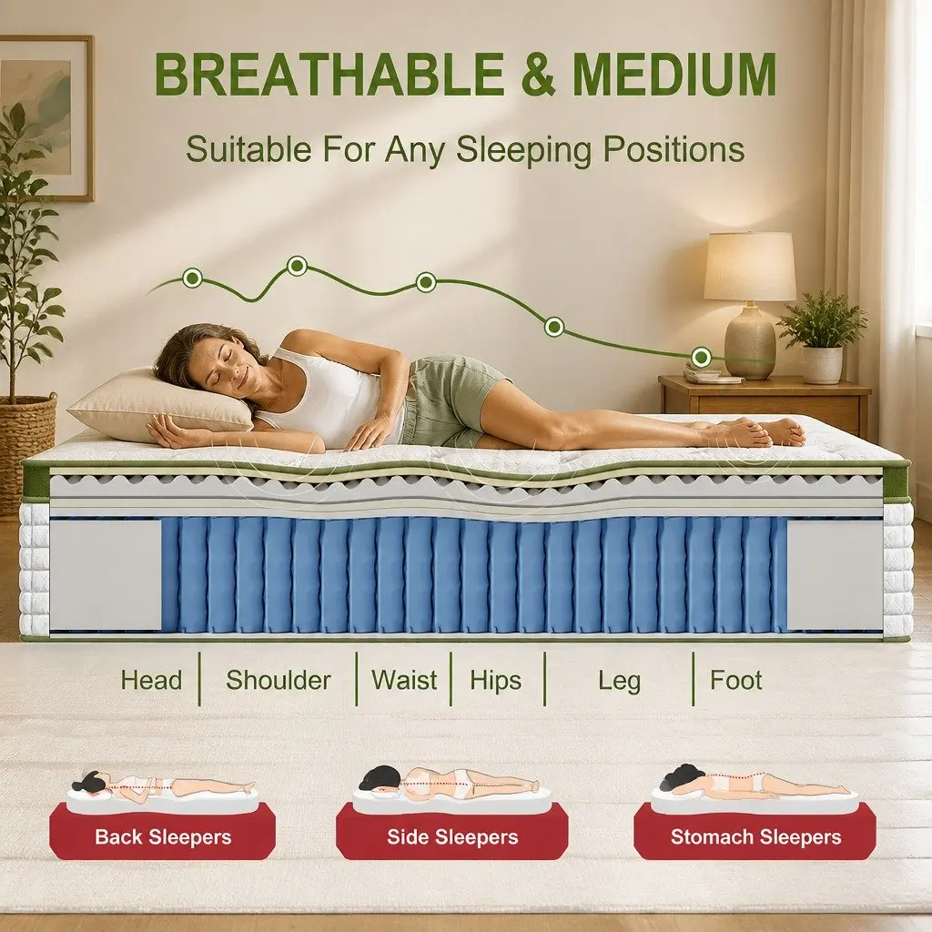 Queen Platform Bed Frame Upholstered Charcoal with Hybrid Mattress Medium Firm Support