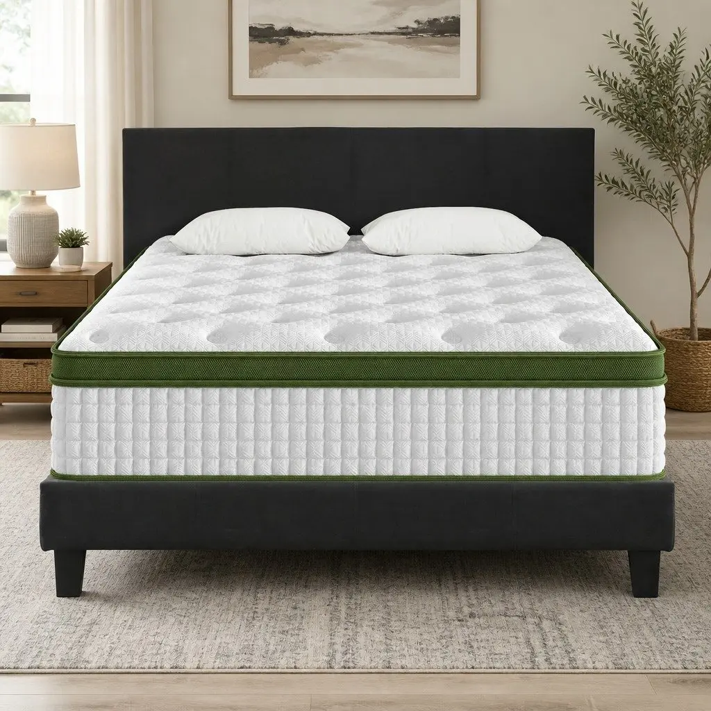 Queen Platform Bed Frame Upholstered Charcoal with Hybrid Mattress Medium Firm Support