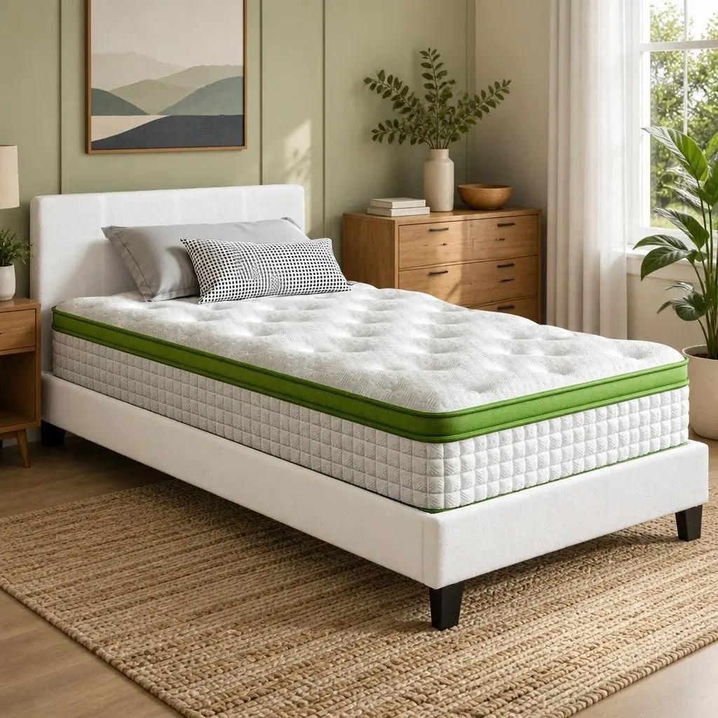 Single Bed Frame Boucle Fabric Upholstered Medium Firm Pocket Coil Hybrid Mattress Set