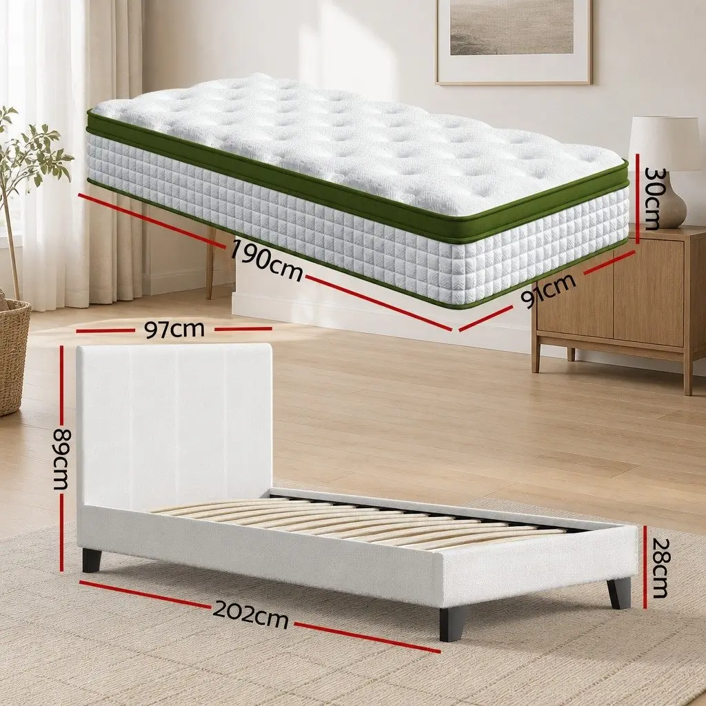 Single Bed Frame Boucle Fabric Upholstered Medium Firm Pocket Coil Hybrid Mattress Set