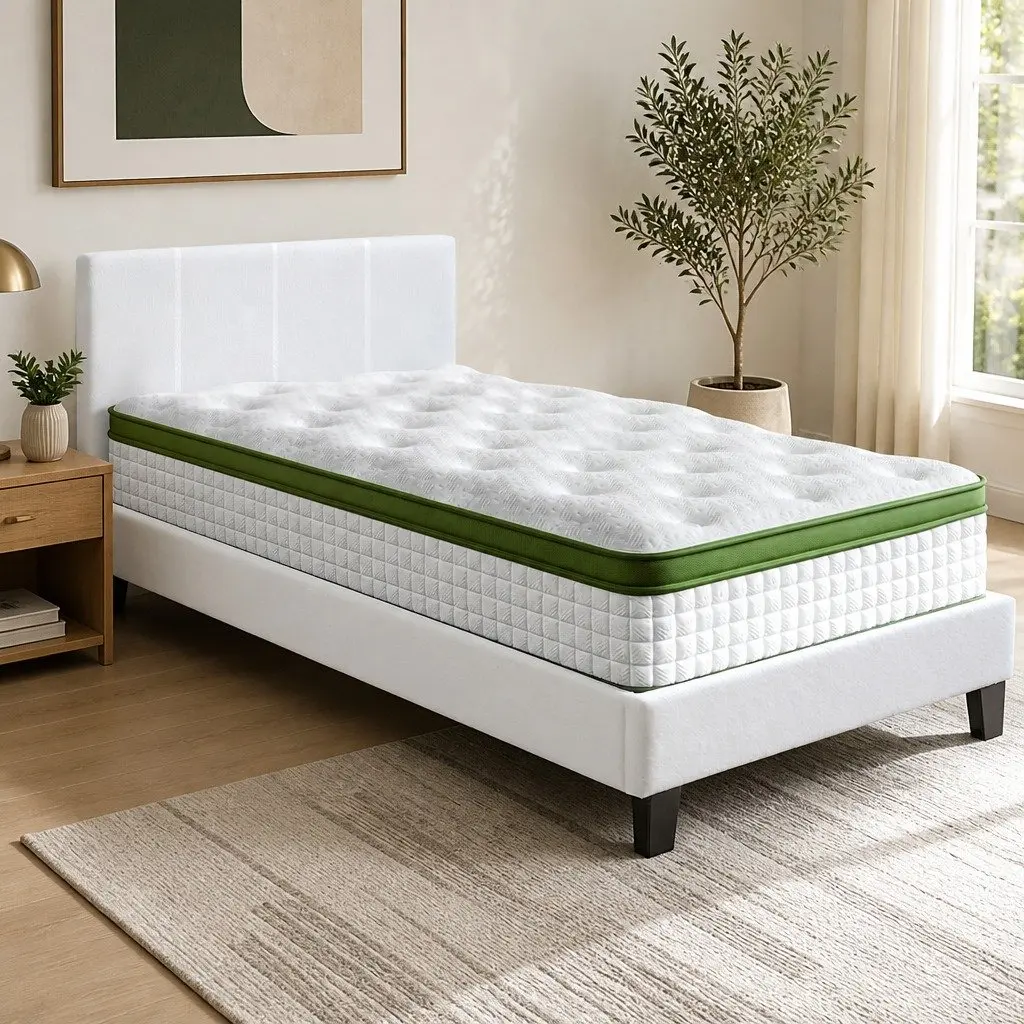 Single Bed Frame Boucle Fabric Upholstered Medium Firm Pocket Coil Hybrid Mattress Set