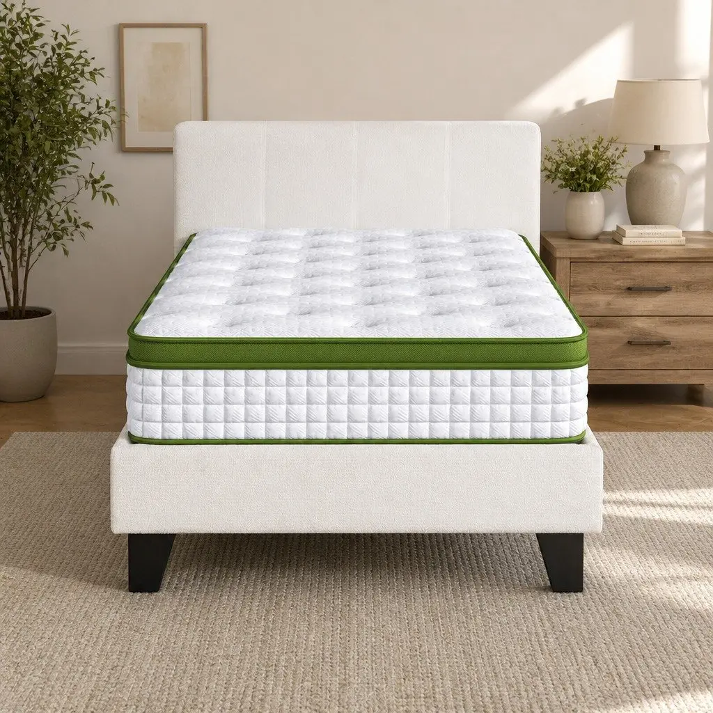 Single Bed Frame Boucle Fabric Upholstered Medium Firm Pocket Coil Hybrid Mattress Set