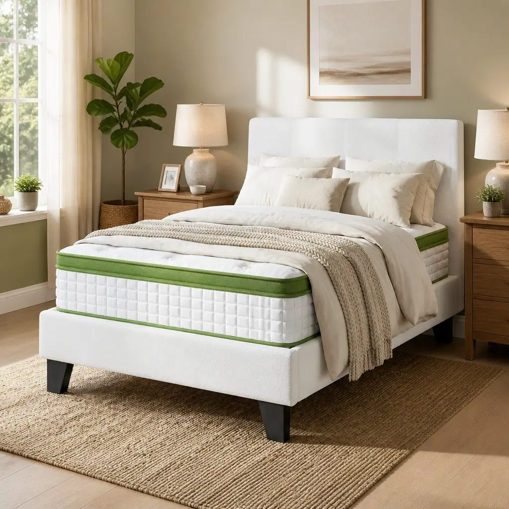 Single Bed Frame Boucle Fabric Upholstered Medium Firm Pocket Coil Hybrid Mattress Set