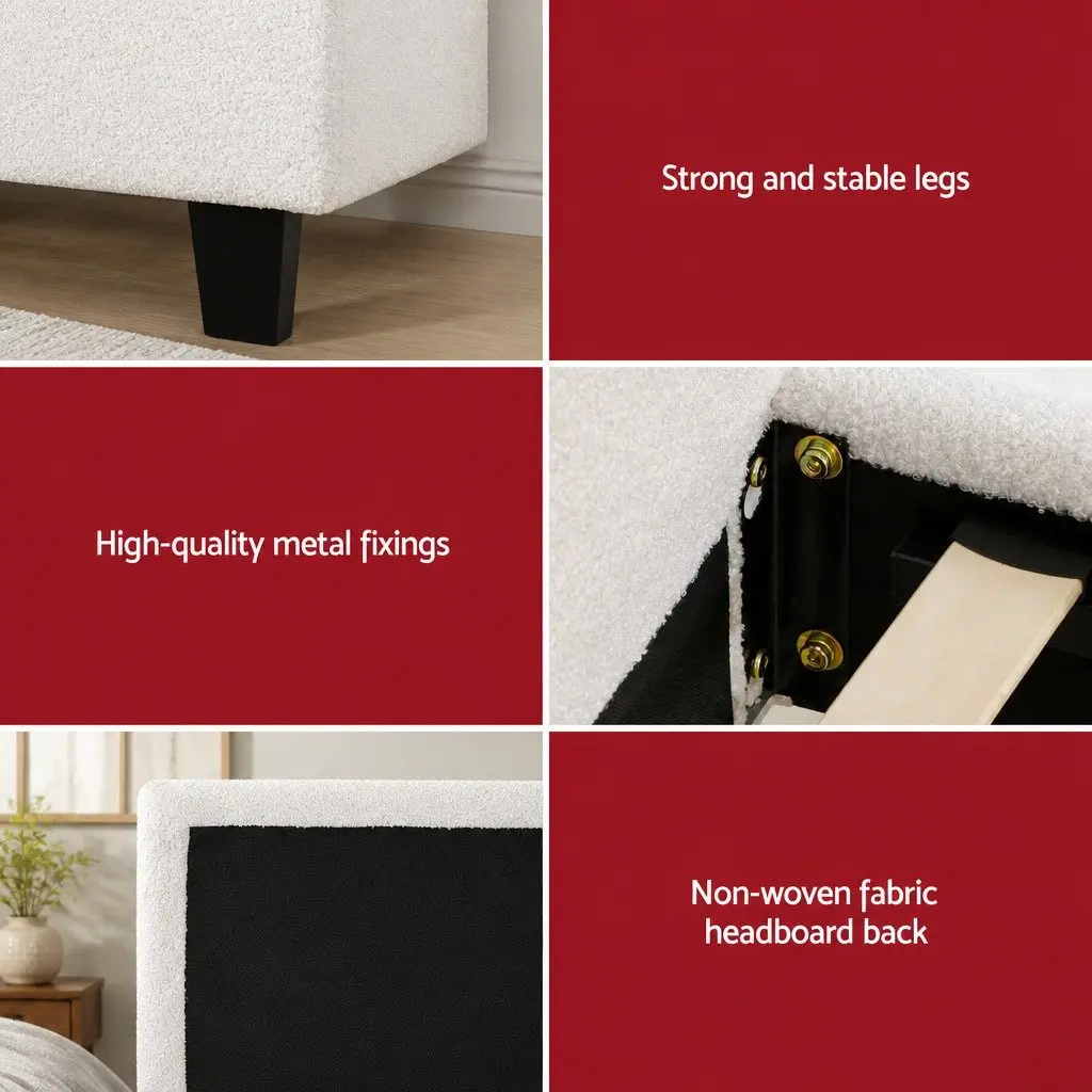Single Bed Frame Boucle Fabric Upholstered Medium Firm Pocket Coil Hybrid Mattress Set